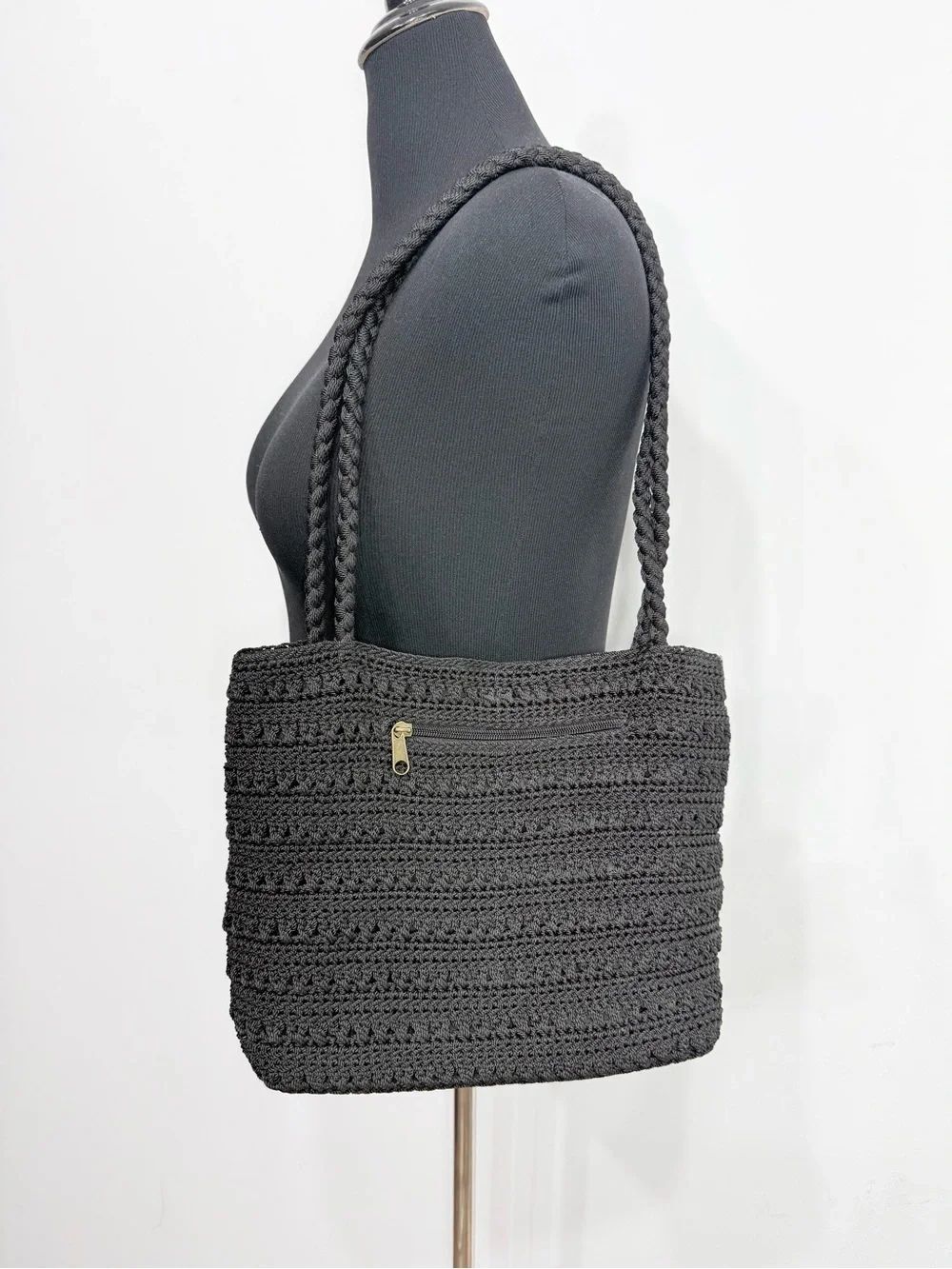 Croft and Barrow Black Soft Crochet Knit Double Handle Shoulder Bag
